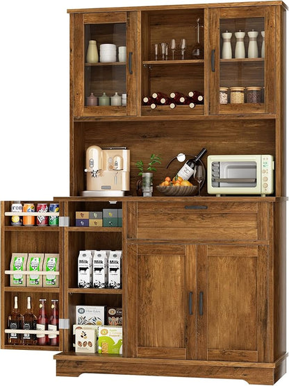 Shintenchi Kitchen Pantry Storage Cabinet, Freestanding Buffet Cabinet with Microwave Stand & 3 Door Shelves, Kitchen Hutch with Doors, Adjustable Shelves and Wine Rack, Brown