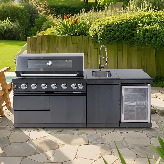 82-Inch Outdoor Kitchen Bar Island Grill with 6-Burner Propane Gas, 85,000 BTU Stainless Steel Gas Outdoor Grill Island Wine Cooler, Sink, Black Granite Countertops, For Patio Backyard BBQ, Black