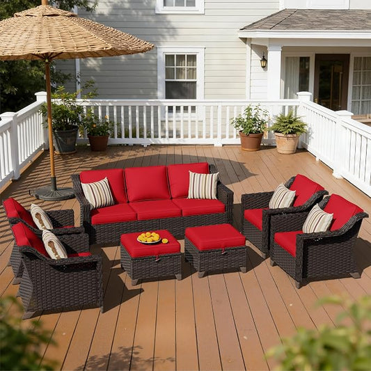 7 Pieces Patio Conversation Furniture Set - 1 Sofa, 2 Ottomans, 4 Armchairs, Outdoor Wicker Furniture with Removable Cushions for Porch, Balcony, Sunroom (Red)