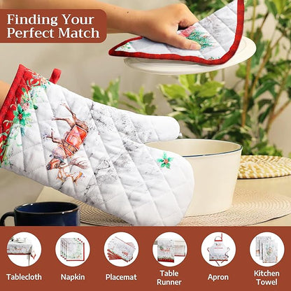 Maison d' Hermine 100% Cotton Oven Mitt & Pot Holder Set (7.5"x13" & 8"x8") Heat Resistant BBQ Cooking Gloves with Loop for Thanksgiving Christmas Decorations Handling Hot Pans (Christmas Tradition)