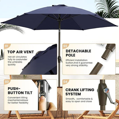 Ayge 7.5FT Large Outdoor Patio Umbrella Market Table Umbrella-UV Resistant, Easy Push Button Tilt and Crank, 6 Sturdy Fiberglass Ribs Heavy-Duty Pool Umbrella for Deck, Backyard,Garden, Yard,Navy