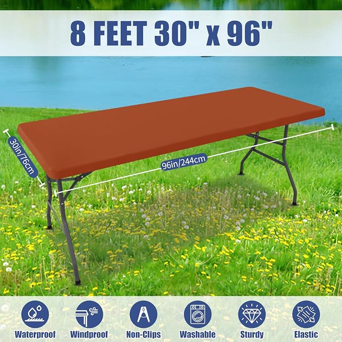Moosfor Spandex 8 Foot Rectangle Table Cloth, Elastic Fitted Tablecloths for Picnic, Stretch Washable Patio Table Cover for Outdoor, Camping, Banquet and Parties (Terracotta, 30"x96")