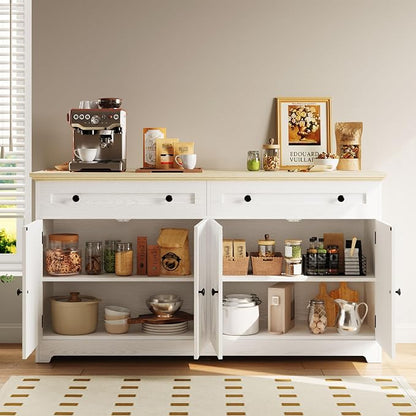IRONCK Buffet Cabinet with Storage, Sideboard Cabinet with Drawers & Doors | 2 Drawers, 4 Doors and 2 Adjustable Shelves. 59inch Wide. FSC-certified Wood. Anti-tip Device. Natural Wood.