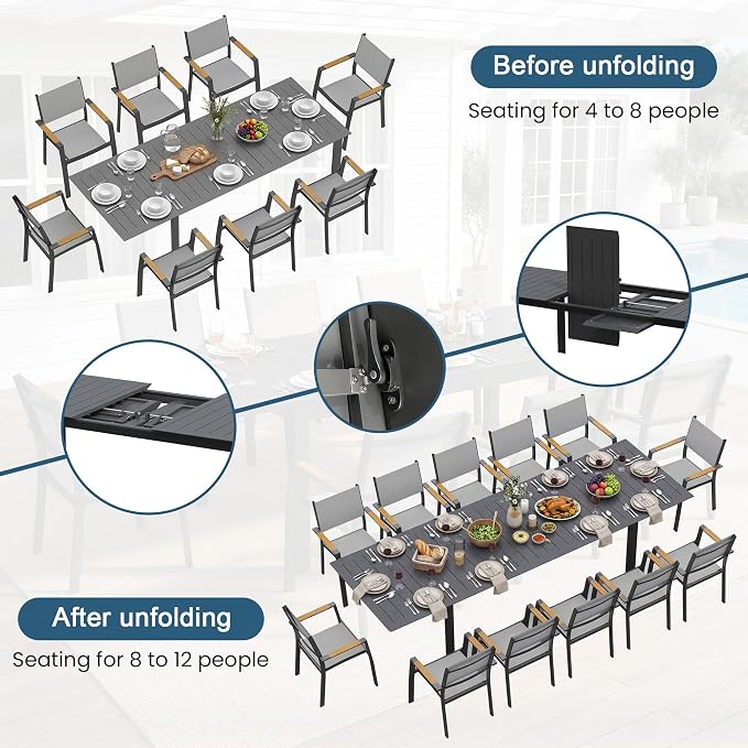 FansaFurn Patio Furniture Set with 121" Extendable Dining Table, Patio Table Set for 4–12 People, All-Weather Aluminum Outdoor Furniture, Outdoor Dining Set for Backyard, Porch, and Garde, Grey