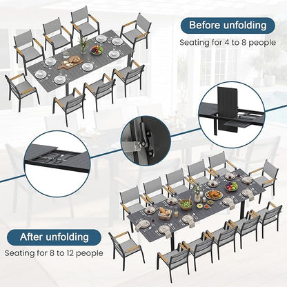 FansaFurn Patio Furniture Set with 121" Extendable Dining Table, Patio Table Set for 4–12 People, All-Weather Aluminum Outdoor Furniture, Outdoor Dining Set for Backyard, Porch, and Garde, Grey
