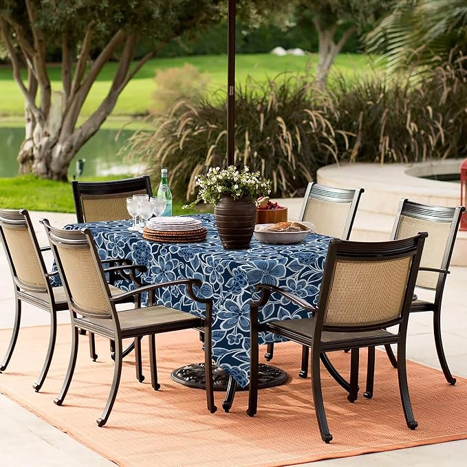 LVTXIII Rectangle Outdoor Tablecloth with Umbrella Hole and Zipper, Water-Repellent 60 x 84 Inch Patio Table Cover for Picnic, Garden, Backyard Dining, Flower Navy