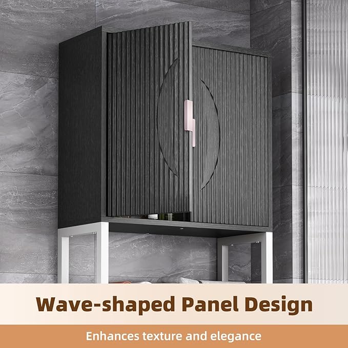 Kalrin Over The Toilet Storage Cabinet with Fluted Wave Doors and Adjustable Shelf, Wood Over Toilet Storage Rack with Drain Basket, Freestanding Bathroom Organizer for Balcony Laundry, Black & White