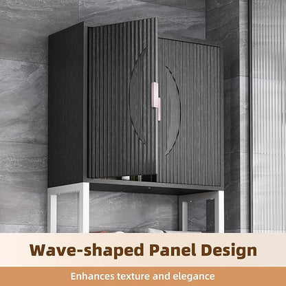 Kalrin Over The Toilet Storage Cabinet with Fluted Wave Doors and Adjustable Shelf, Wood Over Toilet Storage Rack with Drain Basket, Freestanding Bathroom Organizer for Balcony Laundry, Black & White