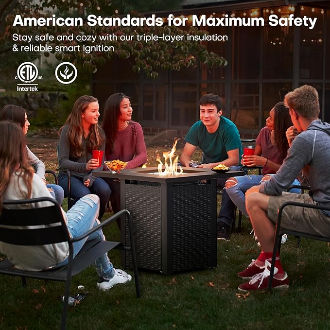 LEGACY HEATING Zeta 1 Propane Fire Pit Table, 50,000BTU Outdoor Gas Fire Pit, 2 in 1 Firepit Table w/Lid, Lava Rock, ETL Certified 28in Steel Fire Table add Warmth to Parties on Backyard, Black