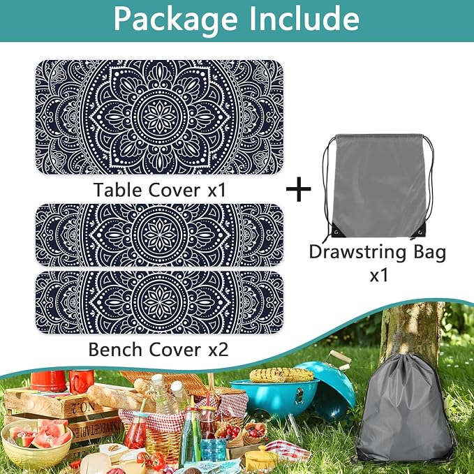 Picnic Table Cover with Bench Covers 6FT 3PCS, Camping Essentials,Rectangle Fitted Camping Tablecloth Waterproof with Elastic Edge for Indoor Outdoor Patio, 96in, Black and White
