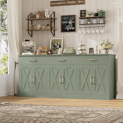 HOSTACK 71" Large Sideboard Buffet Cabinet with Storage, Farmhouse Coffee Bar Cabinet with 3 Drawers, Long Kitchen Buffet Table, Kitchen Sideboard Storage Cabinet for Dining Room, Living Room, Green