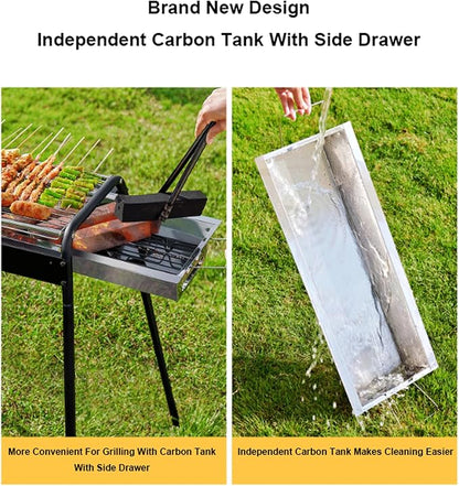 Portable Charcoal Grill Folding Stainless Steel Smoker BBQ Grill Adjustable Height Barbecue Grill with Removable Side Table for Outdoor Cooking Camping