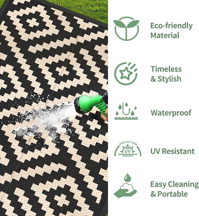 GENIMO Outdoor Rug, Waterproof Plastic Runner Rugs, 2.5'x8' Black Beige | Outside Modern Carpet Mat for Patio Decor, Porch, Deck, Balcony, Camping, RV, Picnic, Beach, Reversible, Foldable