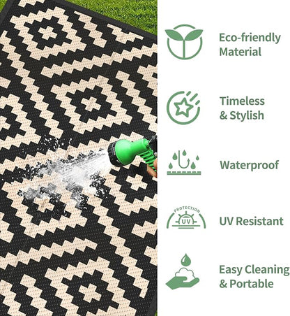 GENIMO Outdoor Rug, Waterproof Plastic Runner Rugs, 2.5'x8' Black Beige | Outside Modern Carpet Mat for Patio Decor, Porch, Deck, Balcony, Camping, RV, Picnic, Beach, Reversible, Foldable