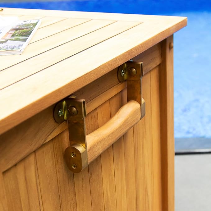 Cambridge Casual Arie Teak Outdoor Deck Storage Box Include Free Water Resistant Furniture Cover – 130 Gallon Wooden Patio Storage Box