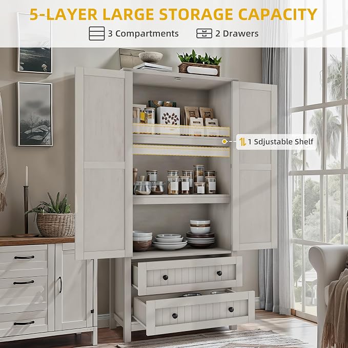 DWVO 64.5" Pantry Cabinet with Barn Doors, 2 Drawers & Shelves, Off White | Farmhouse Storage Cupboard for Dining Room, Living Room, and Bathroom