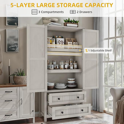 DWVO 64.5" Pantry Cabinet with Barn Doors, 2 Drawers & Shelves, Off White | Farmhouse Storage Cupboard for Dining Room, Living Room, and Bathroom
