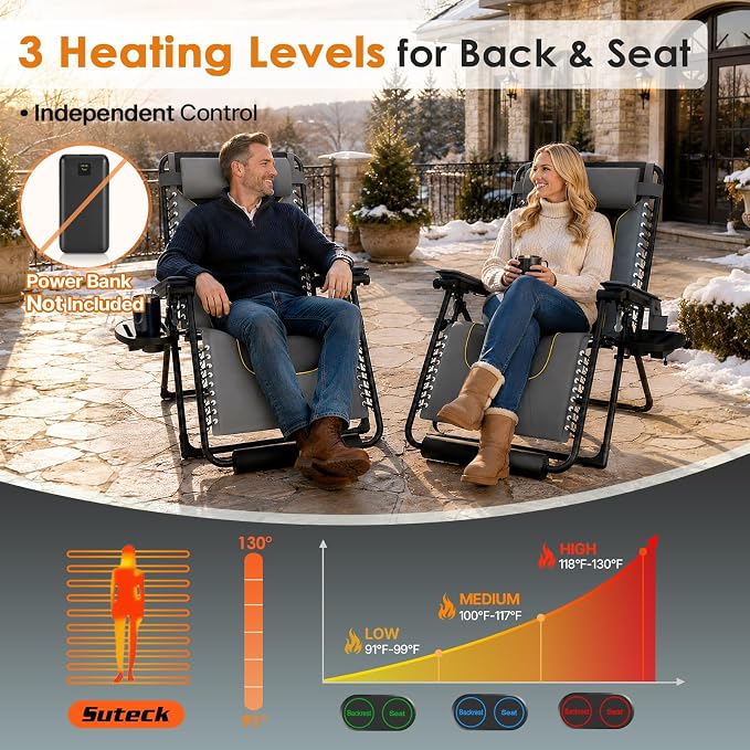Suteck Heated Zero Gravity Chair, 400LBS 30.3" Padded Antigravity Chairs | Reclining Camping Chair with Headrest, Upgraded Lock, Large Cup Holder and Footrest, Patio Lounge Recliner for Indoor Outdoor