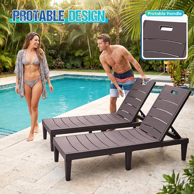 Greesum 4-Pack Adjustable Chaise Lounges, Brown | 5-Pos Recline, Waterproof PP, UV/Fade-Resist, Easy-Clean, Patio/Pool/Beach, Tool-Free