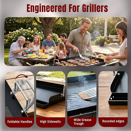 SHINESTAR 25"x16" Carbon Steel Griddle for Gas & Charcoal Grills | Pre-Seasoned Ceramic Nonstick Flat Top with Foldable Handle & Grease Groove Great for Parties, Camping & Tailgating