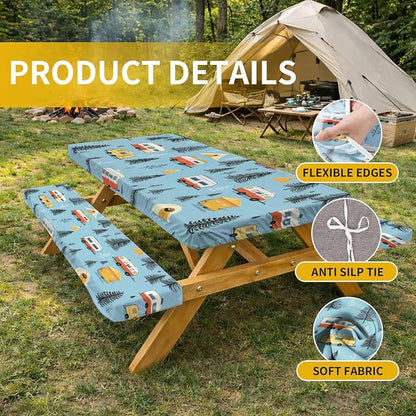 Picnic Table Cover with Bench Covers, 72 X 30 Inch Elastic Fitted Camping Tablecloth with Strap Design for 6FT Rectangle Tables, Windproof Outdoor Tablecloth Set with Storage Bag