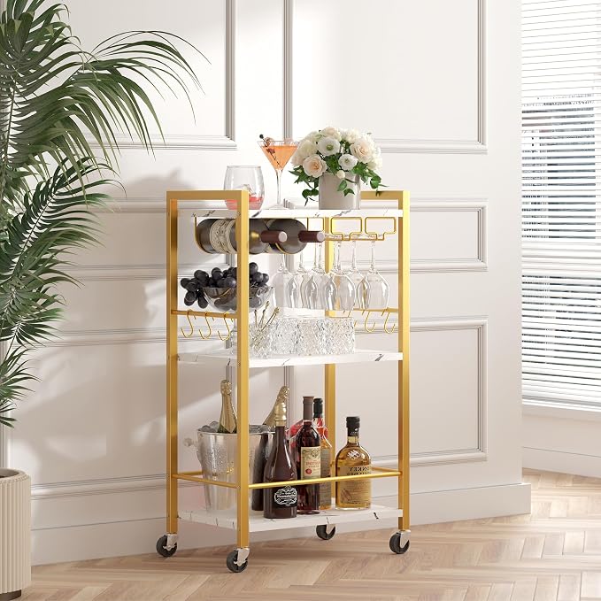 TUTOTAK Bar Cart with Wheels, Mini Drink Cart with Wine Rack & Glass Holder | 3-Tier 17 Inch Wide Home Bar Serving Carts, Small Mobile Kitchen Shelf with 6 Hooks, Marble Gold BC01BMG035