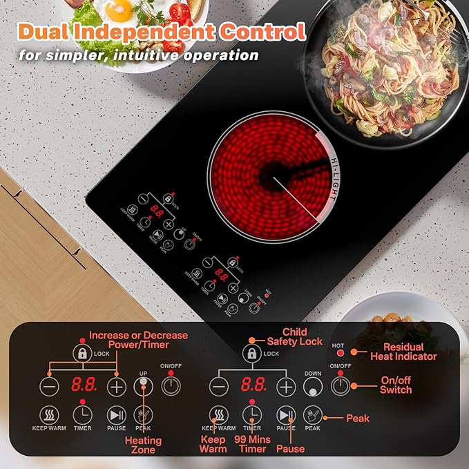 12 Inch 2 Burner Electric Cooktop, 2000W Double Ceramic Glass Stove Top with Touch Control or Slider Control & Infrared Heating, 9 Power Levels, Timer, Child Lock