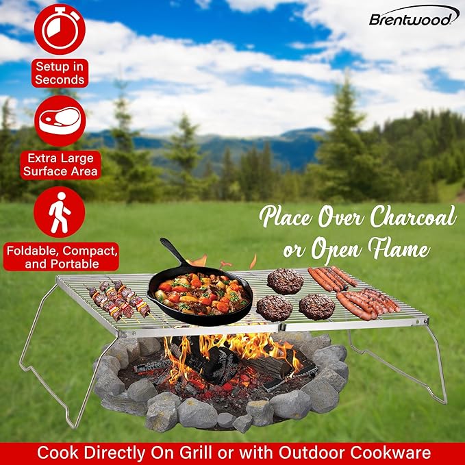 Brentwood BB-17X25SS 25” x 17” Heavy Duty Stainless Steel Portable Folding Campfire Grill with Carry Bag