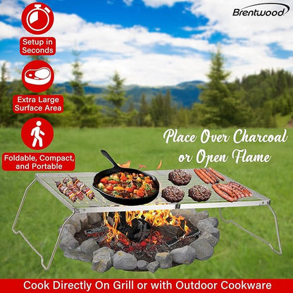 Brentwood BB-17X25SS 25” x 17” Heavy Duty Stainless Steel Portable Folding Campfire Grill with Carry Bag