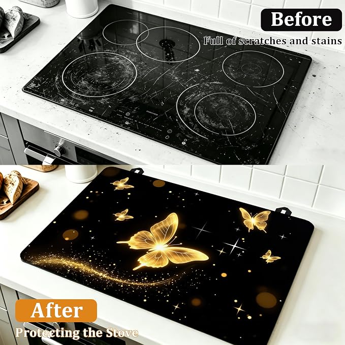 Stove Top Covers for Electric Stove,Glowing Butterfly Flat Top Stove Cover,Dark Color Heat Resistant Glass Top Stove Cover Protector Anti-Slip Range Covers, 28 x 20 Inch