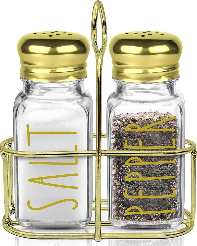 Luxury Glass Salt and Pepper Shakers Set with Holder by Brighter Barns - Gold Dining Room Decor, Farmhouse Kitchen Accessories - Glass Salt Shaker with Caddy for Restaurants, Hotel, Gifts (Clear/Gold)