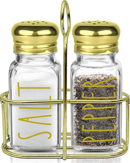 Luxury Glass Salt and Pepper Shakers Set with Holder by Brighter Barns - Gold Dining Room Decor, Farmhouse Kitchen Accessories - Glass Salt Shaker with Caddy for Restaurants, Hotel, Gifts (Clear/Gold)