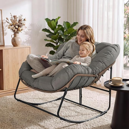 Bifanuo Oversized Egg Rocking Chair for Indoor Outdoor – All-Weather Wicker Rattan Lounge Chair with Cushion Patio Rocker for Porch Garden or Balcony (Grey)