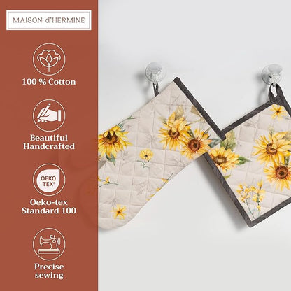 Maison d' Hermine 100% Cotton Oven Mitt & Pot Holder Set (7.5"x13" & 8"x8") Heat Resistant BBQ Cooking Gloves with Loop Baking Grilling Kitchen Hotel Home Farmhouse Spring Summer (Candice)