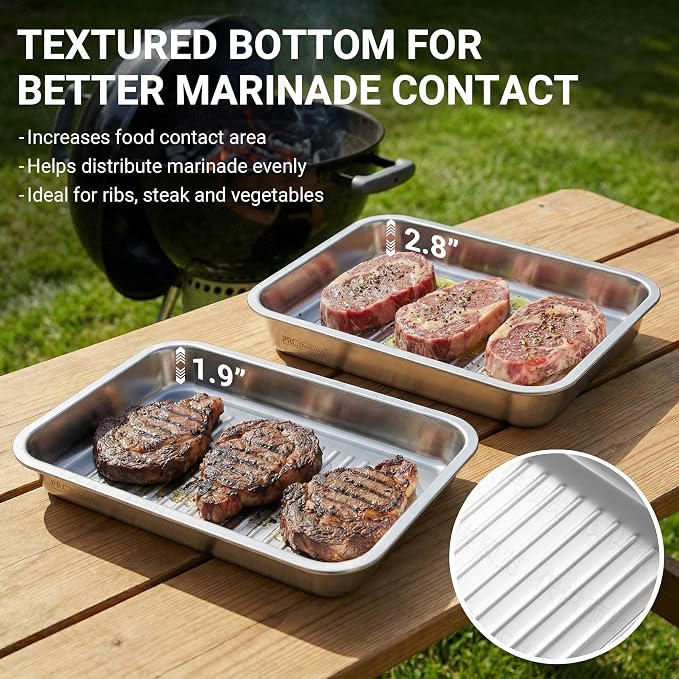 Grilling Prep and Serve Trays with Spill-Reducing Lids, 304 Stainless Steel BBQ Grill Carry System with Drain Board & Acacia Cutting Board