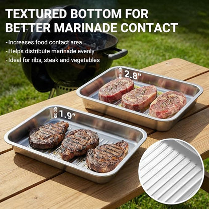 Grilling Prep and Serve Trays with Spill-Reducing Lids, 304 Stainless Steel BBQ Grill Carry System with Drain Board & Acacia Cutting Board