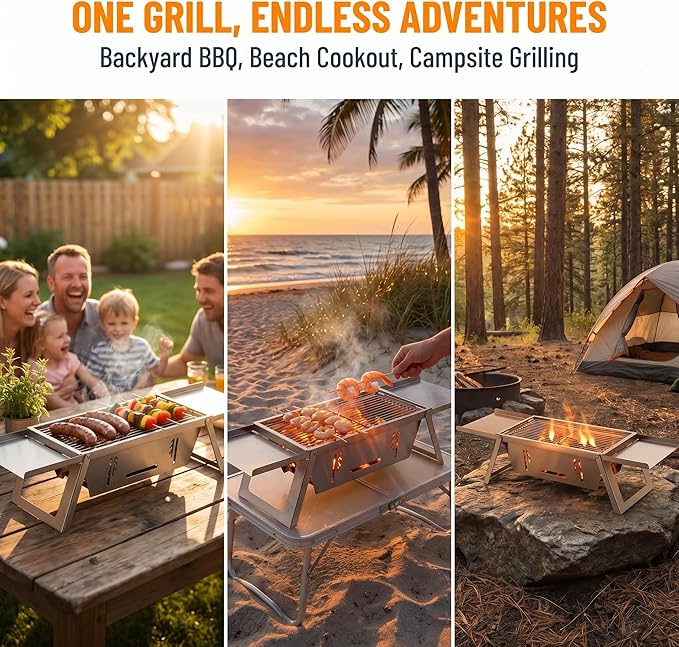 Portable Charcoal Grill for 3-6 People - Quick Foldable Travel BBQ for Outdoor Camping, Backyard, Patio, and Picnic Cooking
