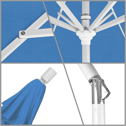 California Umbrella 9' Round Aluminum Market Umbrella, Crank Lift, Collar Tilt, White Pole, Forest Blue Olefin