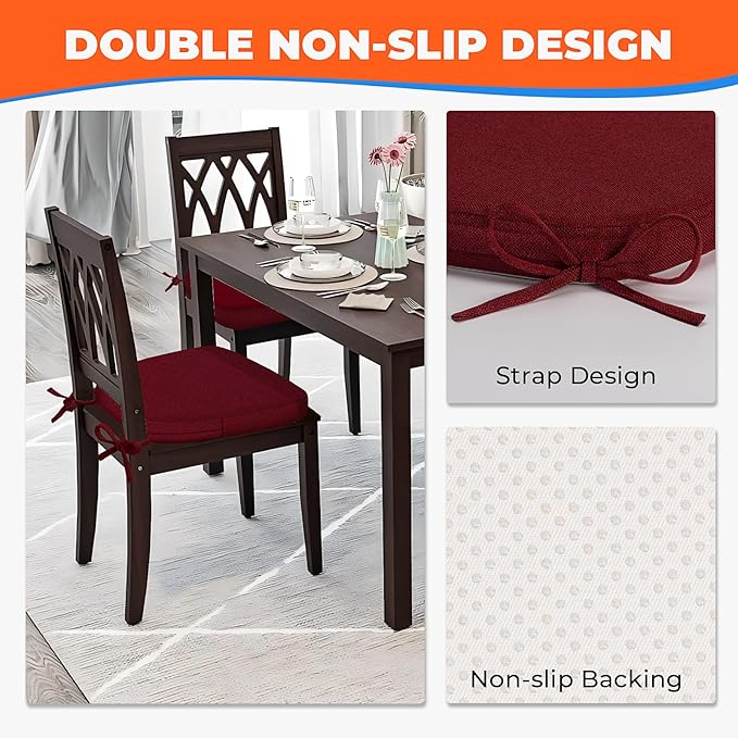 Sunsleek Chair Cushions for Dining Chairs, D-Shaped Seat Cushions with Removable Washable Cover and Ties, Chair Pads for Kitchen, Indoor Dining Room, Patio Chairs, 17'' x 16'', Set of 2, Red