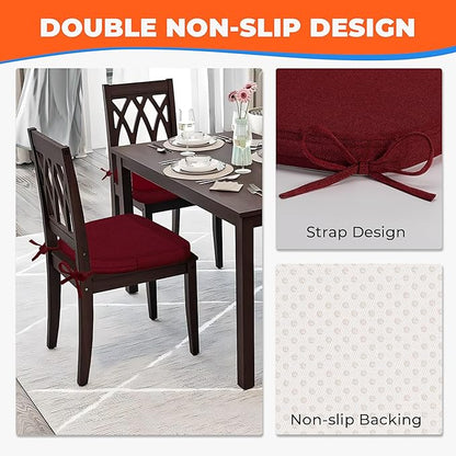 Sunsleek Chair Cushions for Dining Chairs, D-Shaped Seat Cushions with Removable Washable Cover and Ties, Chair Pads for Kitchen, Indoor Dining Room, Patio Chairs, 17'' x 16'', Set of 2, Red