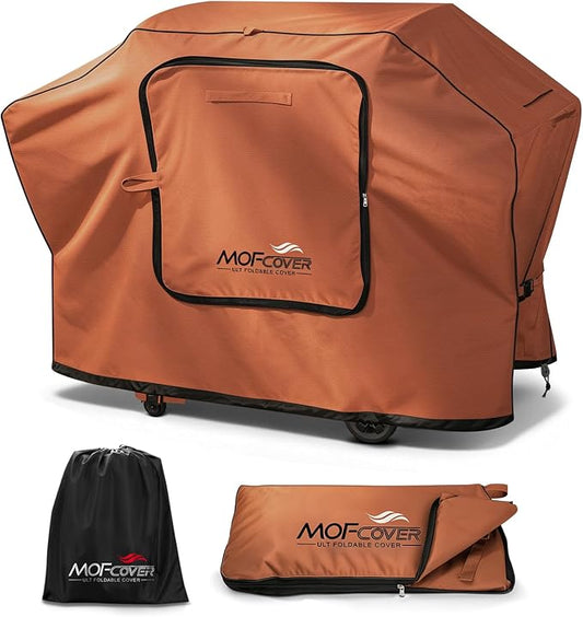 Exclusive Foldable 72 inch Grill Cover, 600D Heavy Duty Large Outdoor BBQ Cover for 6 Burners Grill Weber Nexgrill CharBroil Monument, Caramel