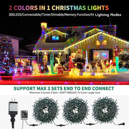 MZD8391 105FT 300LED Color Changing Christmas Light, Christmas Tree Lights | Warm White & Multicolor, Waterproof, UL listed, 11 Light Mode, Remote & Timer, Memory, End To End Connect