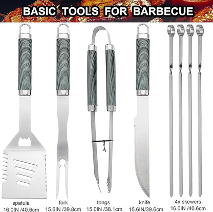 grilljoy 24PCS BBQ Grill Tools Set with Meat Thermometer and Injector - Extra Thick Stainless Steel Fork, Spatula& Tongs - Complete BBQ Accessories in - Perfect Grill Gifts for Father's Day