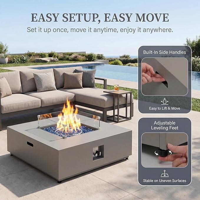 NICESOUL 40" Outdoor Square Propane Fire Pit Table with Hidden Tank Desk, 50,000 BTU Natural Gas Fireplace for Backyard Patio, CSA Certified Firepit with Tempered Glass Guard & Cover, Concrete Grey