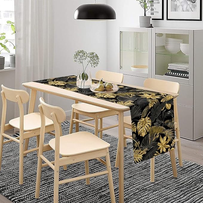Golden Leaves Table Runner Jungle Black Tropical Plam Tree Retro Boho Hawaii Botanical Plant Spring Summer Seasonal Dinner Runner for Farmhouse Kitchen Dining Home Holiday Party 13x36in
