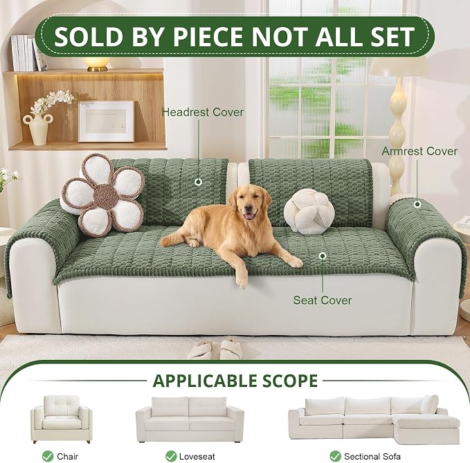 OstepDecor Couch Cover for Dogs, Washable Non Slip Sofa Cover for Pets | Soft Couch Covers for Sofa, Loveseat and Sectional, Furniture Protector Against Pet Hair & Dirt (27.6" x 70.9", Green)