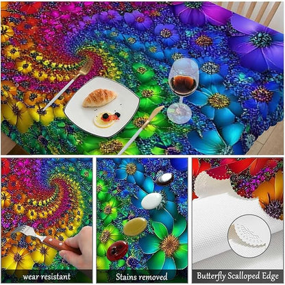 Swono Tie Dye Tablecloth Rainbow Spirals Flower Petals Tie Dye Rectangle Table Cloth Washable Plaid Table Cover for Kitchen Holiday Dinner, 52x 70 Inch Tablecloth