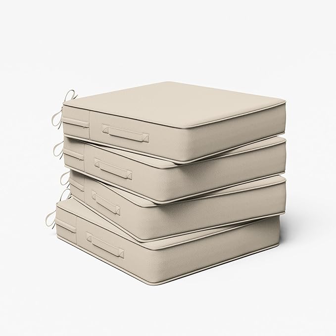 Outdoor Chair Cushion 19 x 19 x 4 Inches Patio Furniture Outdoor Waterproof Seat Cushion, Patio Chair Cushion with Handles and Ties, Square Dining Chair Cushion Set of 4, Cream