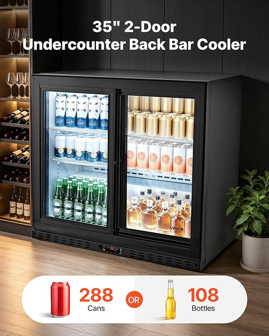 VEVOR Back Bar Cooler, 7.4 Cu. Ft Commercial Beverage Refrigerator, Under Counter Bar Fridge with 2 Sliding Doors, LED Lighting, Adjustable Shelves, Low-E Glass Display Cooler for Beer, Wine, Drink