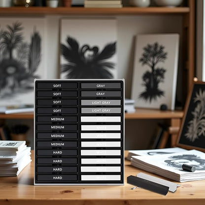 24 Pcs Compressed Charcoal Sticks with Soft, Medium, Hard and White Charcoal, Square Charcoal Stick Kit for Drawing, Sketching and Shading (12 Black + 4 Gray + 8 White)